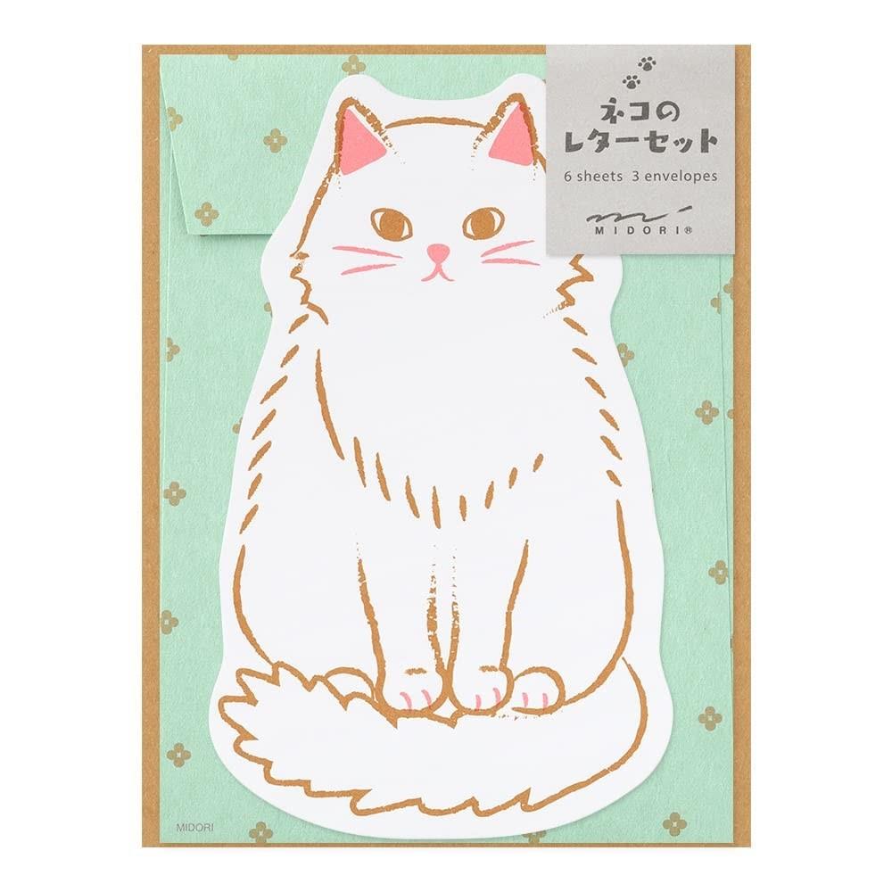 この商品について動物の形にダイカットした便箋がかわいいレターセットです。動物の形に抜かれた便箋と、動物に合わせた優しいパターンの封筒のレターセットです。長毛種の白いネコを手描きタッチでデザインしました