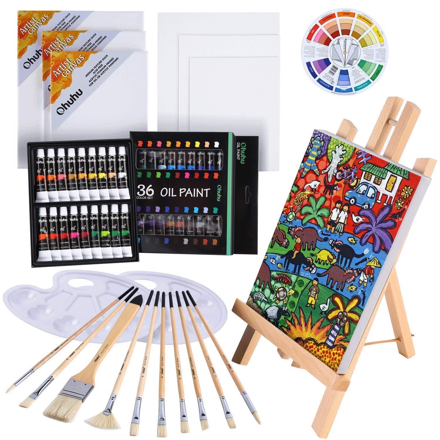 この商品について【初心者にも学校教材にも最適】[セット内容] 油絵具 x36色（12ml）、木製イーゼル x1個、張りキャンバス x3枚（サイズ：20x25cm、22x30cm、28x35cm）、ボー