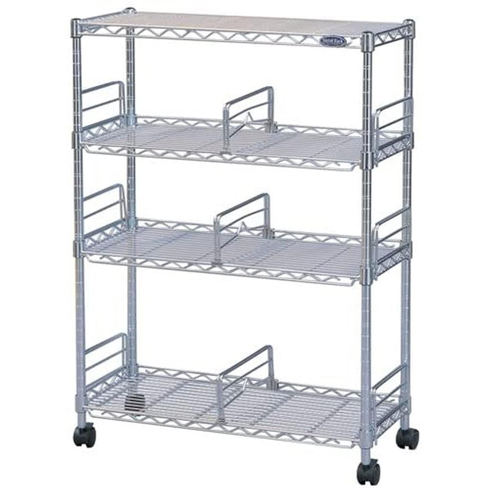 この商品についてサイズ(mm):W660×D275×H910重量(g):10000主要材質:棚板・ポール・ディバイダー:スチール(クロムメッキ)、キャスター:ナイロン樹脂0102502